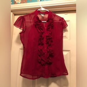 Chadwicks Burgundy Red Ruffle Sheer Button-Front Blouse